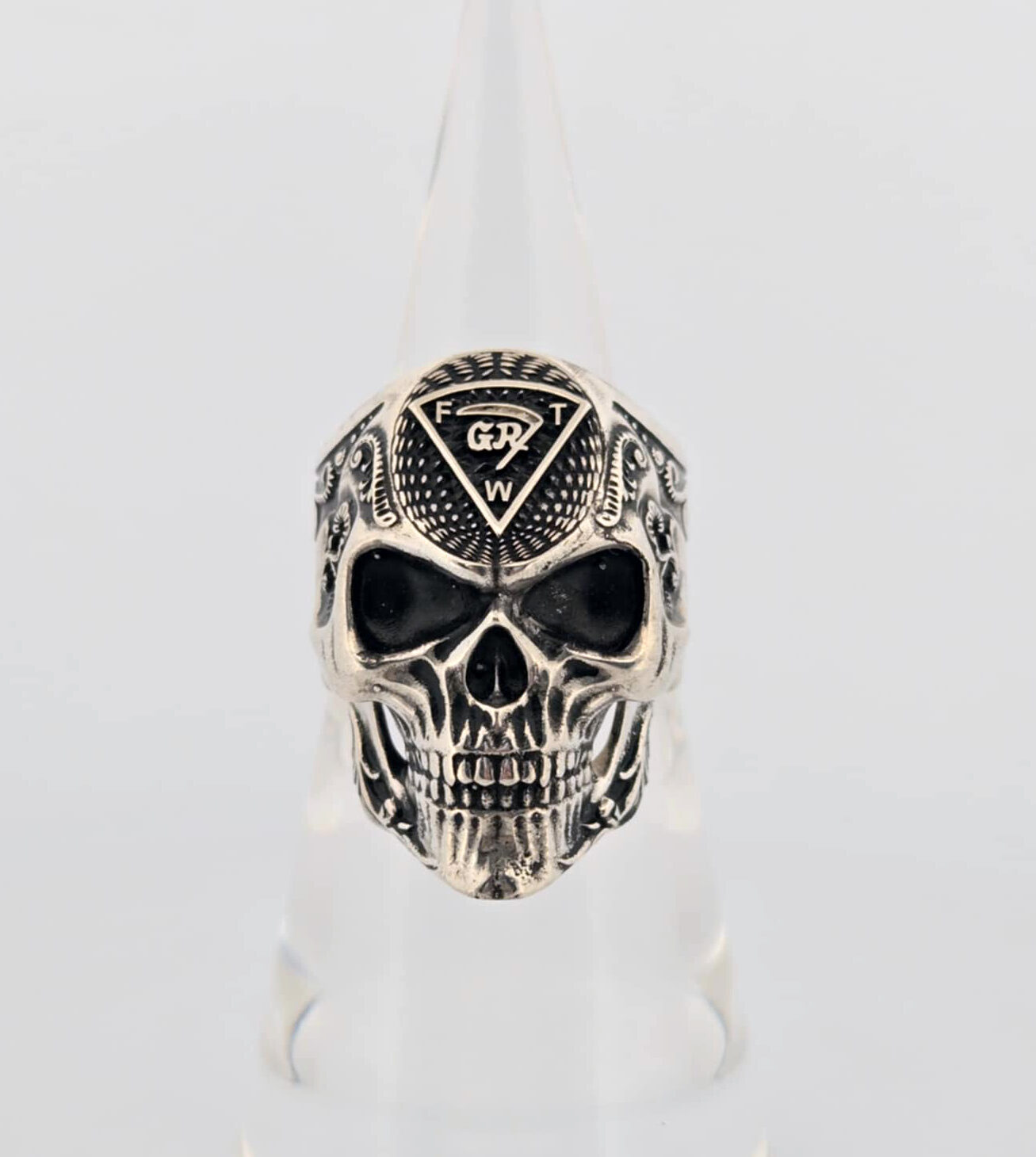 Sterling Grim Reaper Skull Ring with the Grim Reaper Triangle on the Forehead and Scrollwork sides.