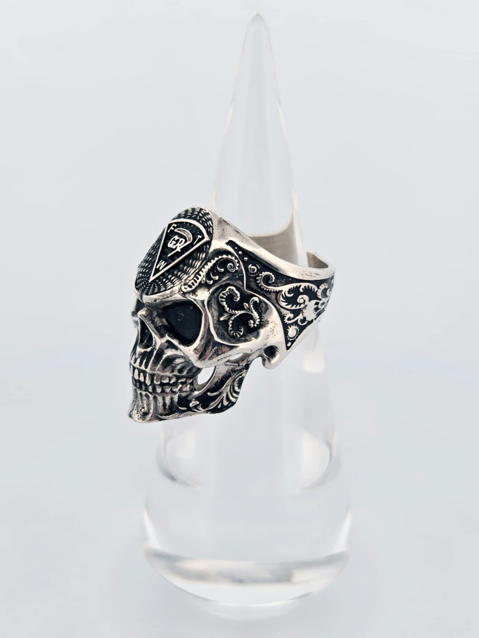 Sterling Grim Reaper Skull Ring with the Grim Reaper Triangle on the Forehead and Scrollwork sides. - Image 2
