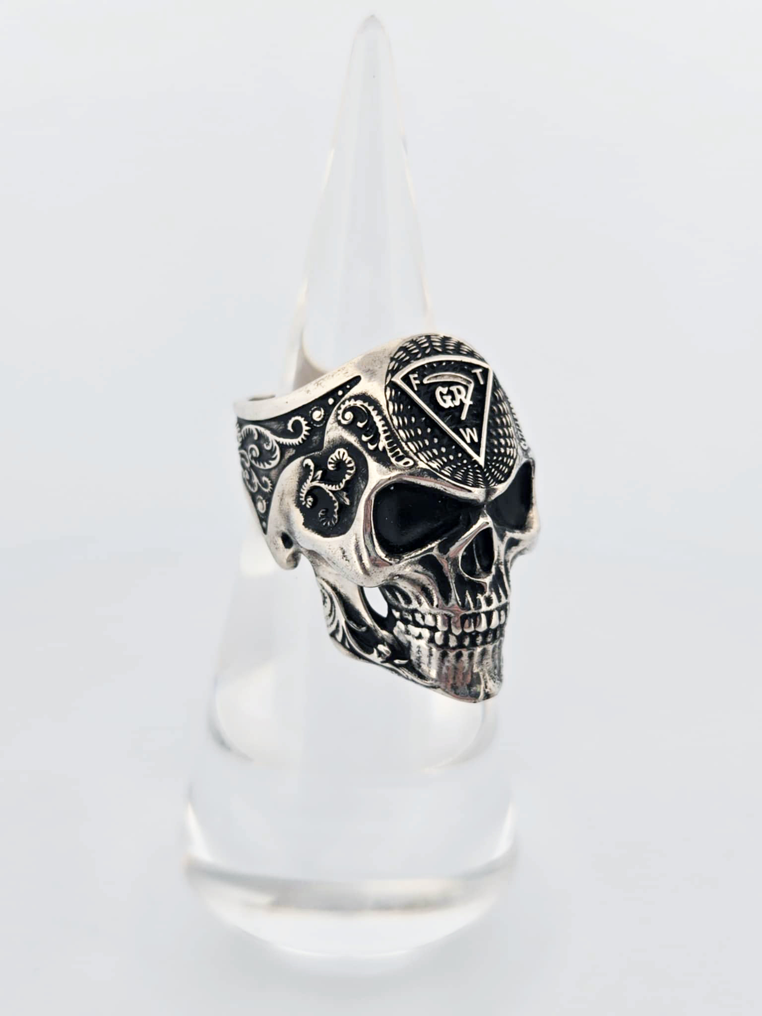 Sterling Grim Reaper Skull Ring with the Grim Reaper Triangle on the Forehead and Scrollwork sides. - Image 3