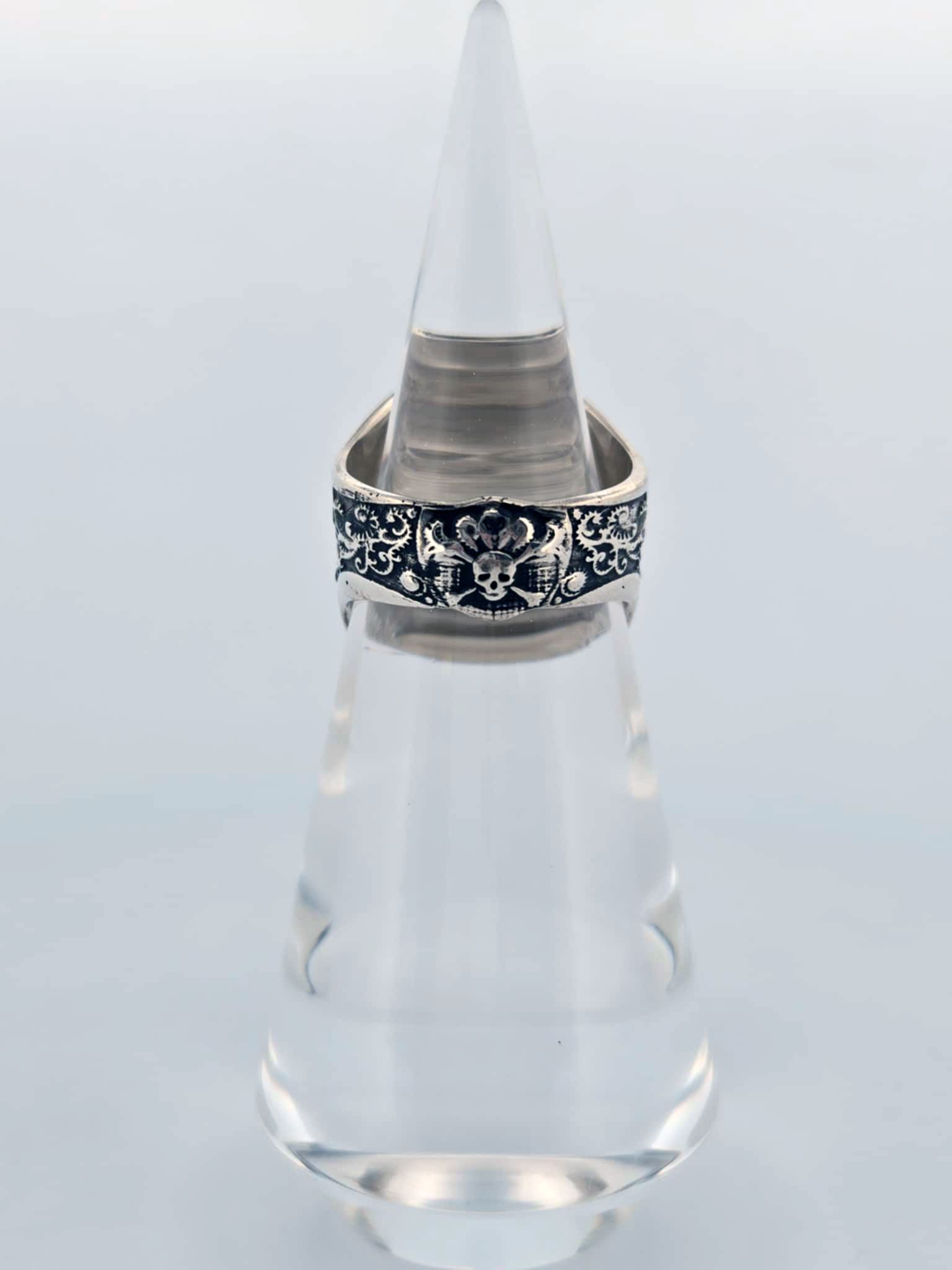 Sterling Grim Reaper Skull Ring with the Grim Reaper Triangle on the Forehead and Scrollwork sides. - Image 4