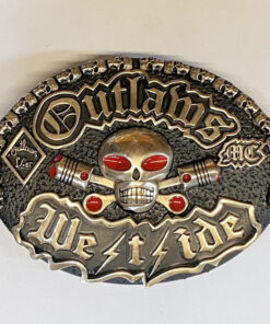 XXL Outlaws Westside Oval Brass Buckle with Charlie and Skulls Around Top Edge; 120mm wide